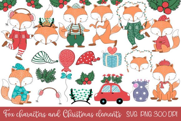 Fox Characters and Christmas Elements for Crafts Graphics
